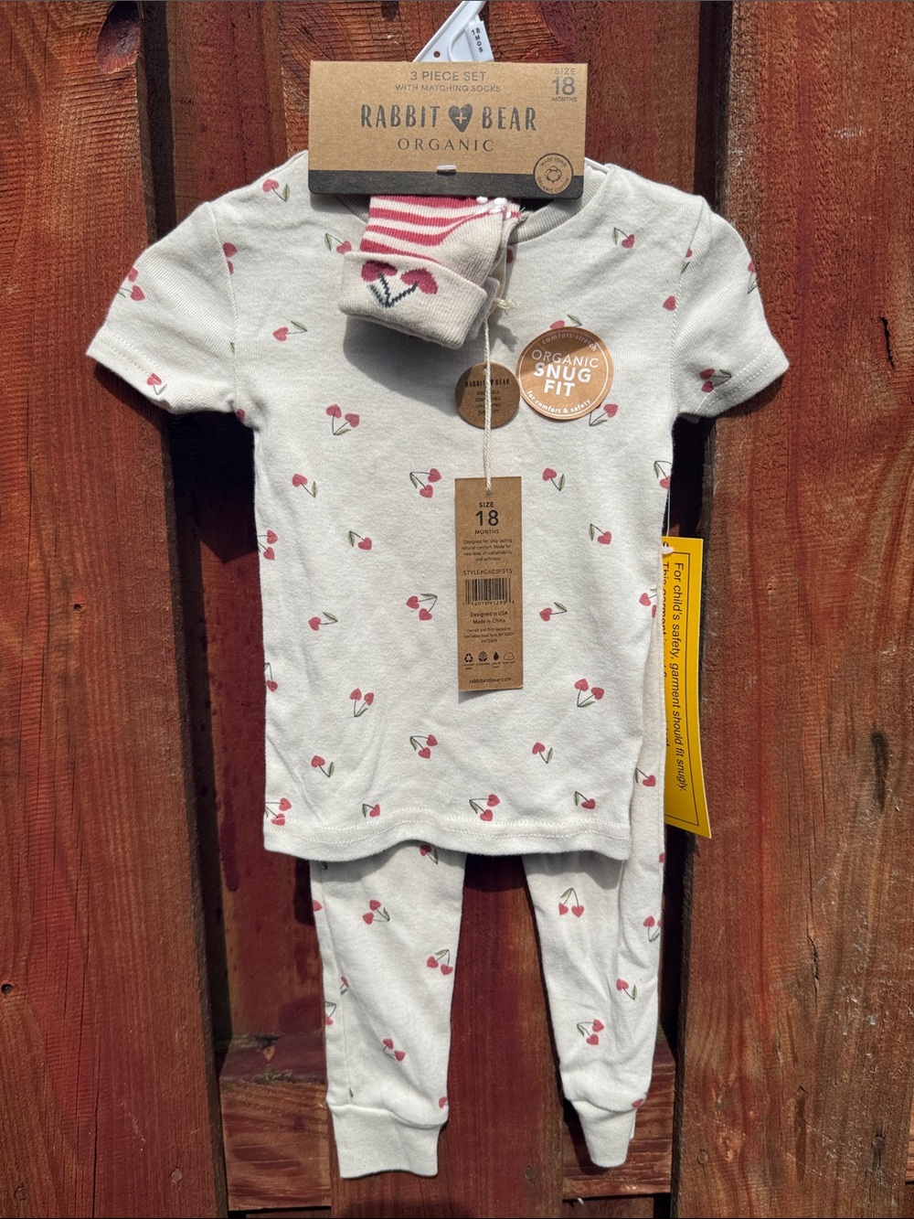 Rabbit & Bear Organic Cotton 3-Piece White Cherry-Print Kids Pajama Set Size 18M